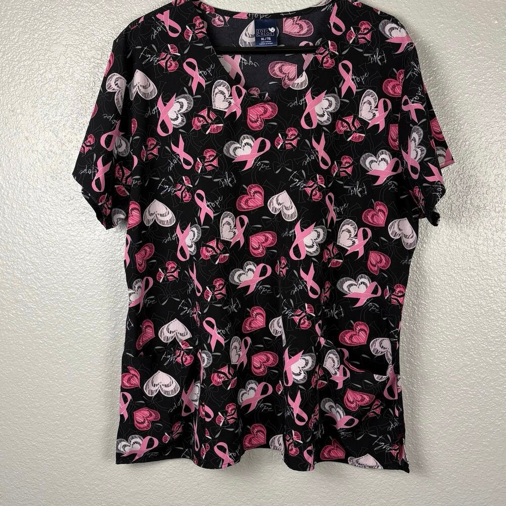 Zoe + Chloe Women’s Size XL Black and Pink Breast Cancer Ribbon Print Scrub Top
